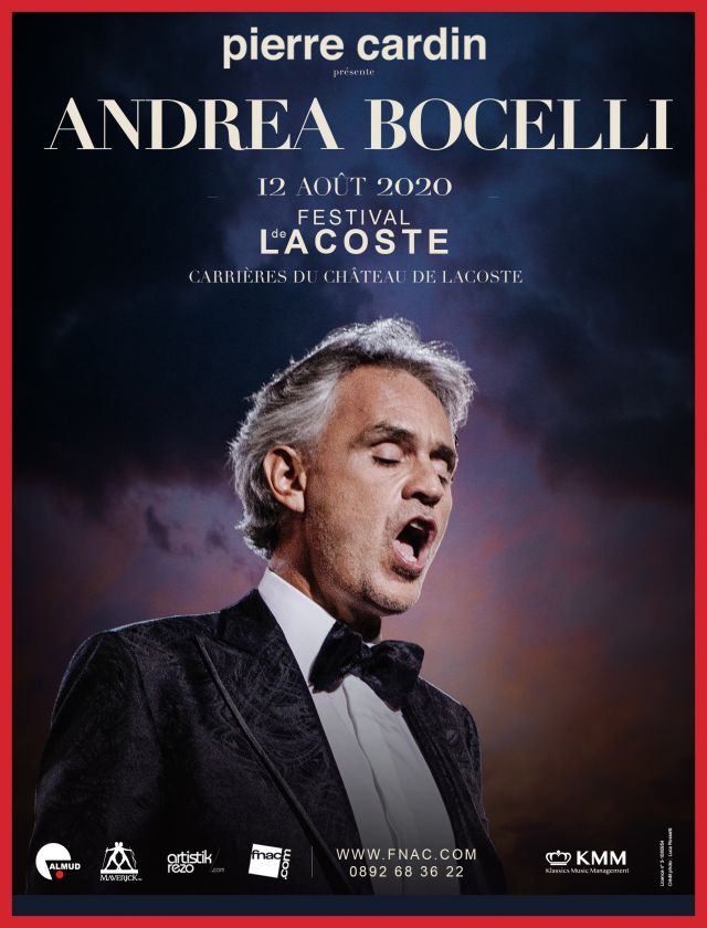 Andrea Bocelli. Mercredi 12 août 2020 - Concert 

Pierre Cardin accueillera le 12 août prochain dans le cadre prestigieux de son château de Lacoste,... - 